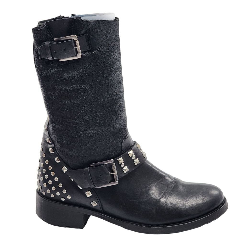 Lola Cruz Black Leather Studded Shearling Lined Combat Boots Size 8